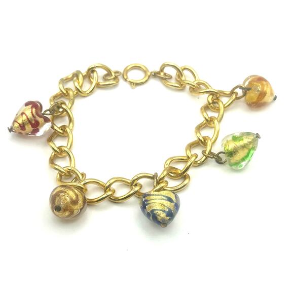 Murano Glass Dangle Charm Bracelet Chain Chunky Gold tone Retro Jewelry - Picture 9 of 9